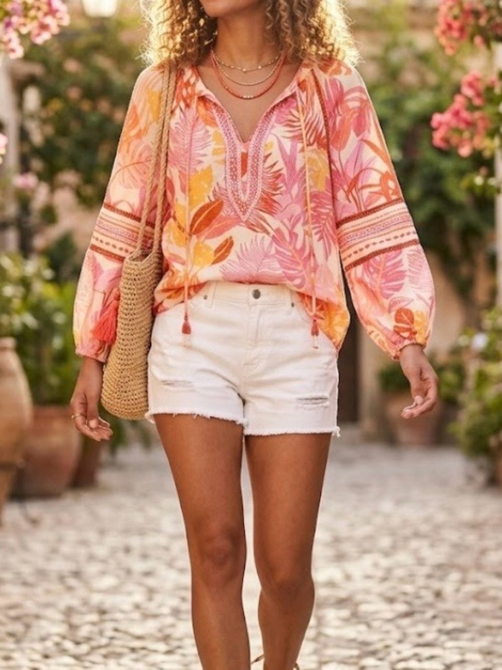 Haute Hippie tropical popover blouse lightweight beaded boho beach small